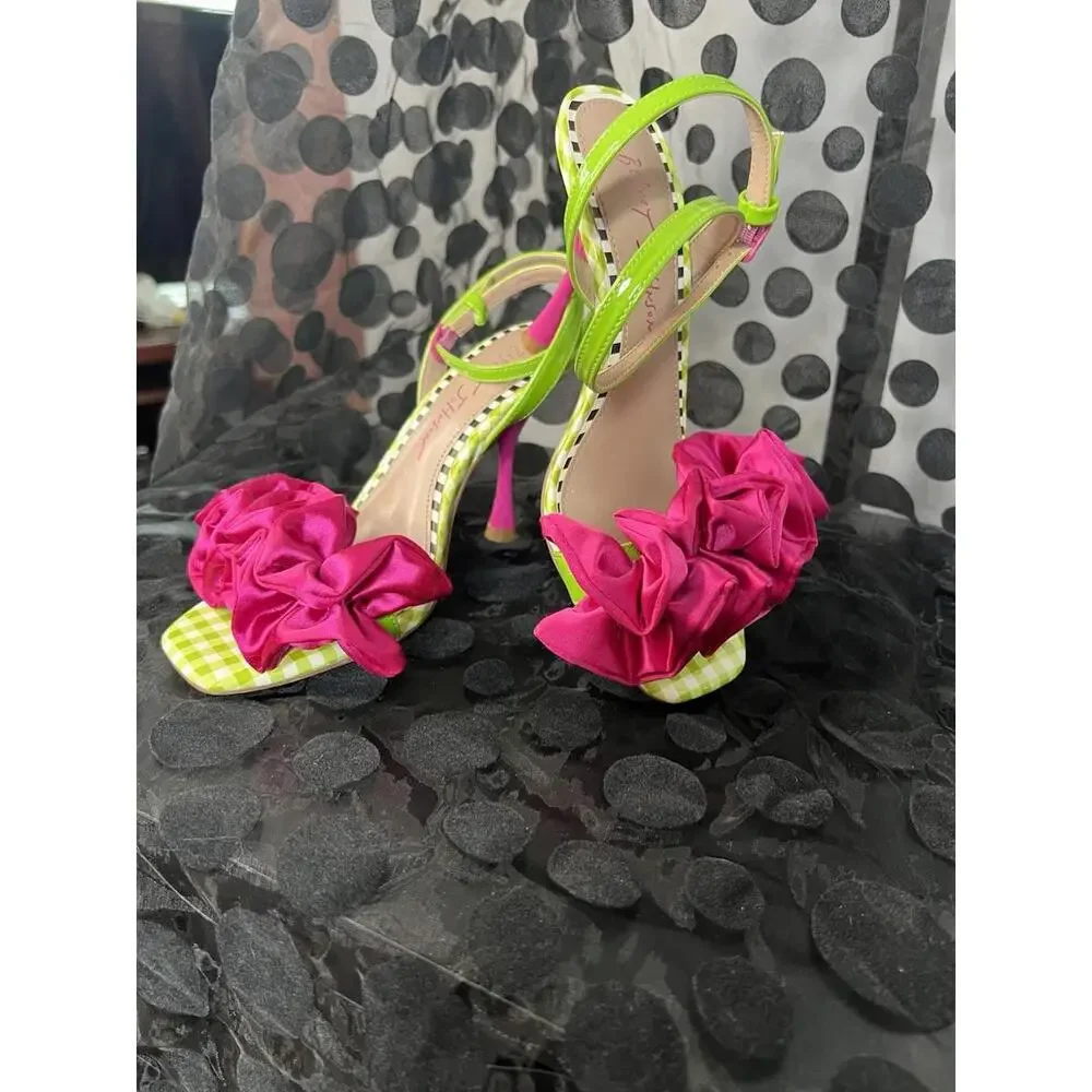 Betsy Johnson  Elmira Green/white gingham print, O/toe heeled sandals Women 6.5 - Picture 4 of 13